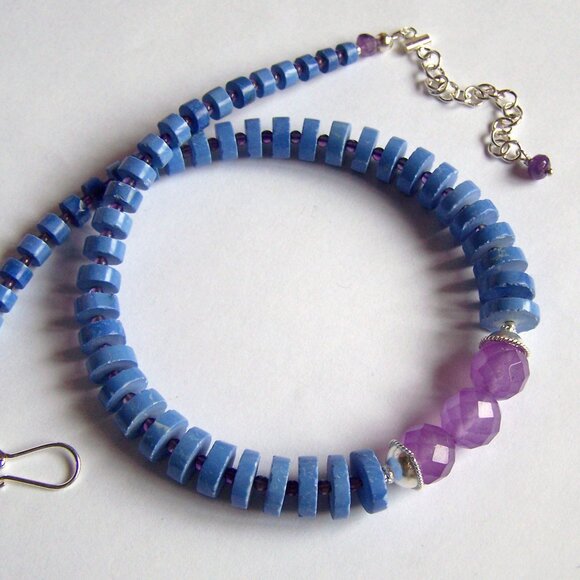 Sterling Silver MAGNESITE AMETHYST CHALCEDONY Necklace Heishi Choker Adjustable - Picture 7 of 16